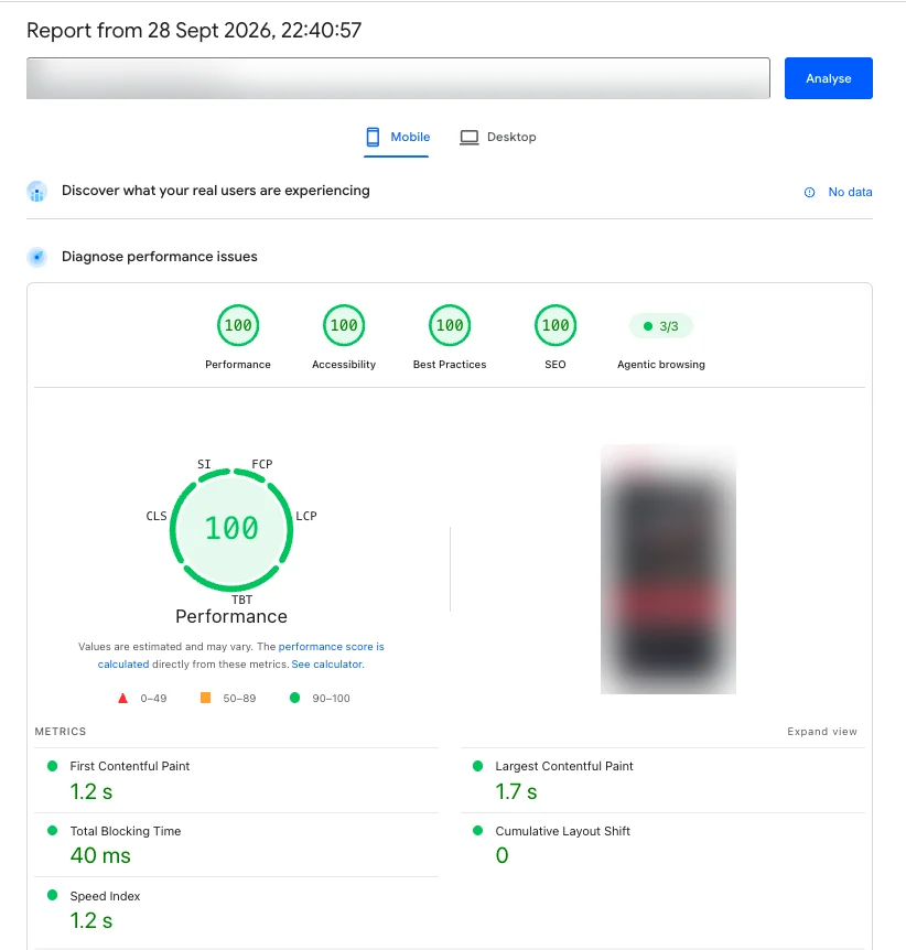 PageSpeed Insights report after page speed optimisation: 100/100 Google PageSpeed Insights mobile report after optimisation, showing 100 scores for Performance, Accessibility, Best Practices and SEO, with a 1.2 second First Contentful Paint, 1.7 second Largest Contentful Paint, 40 millisecond Total Blocking Time and zero Cumulative Layout Shift