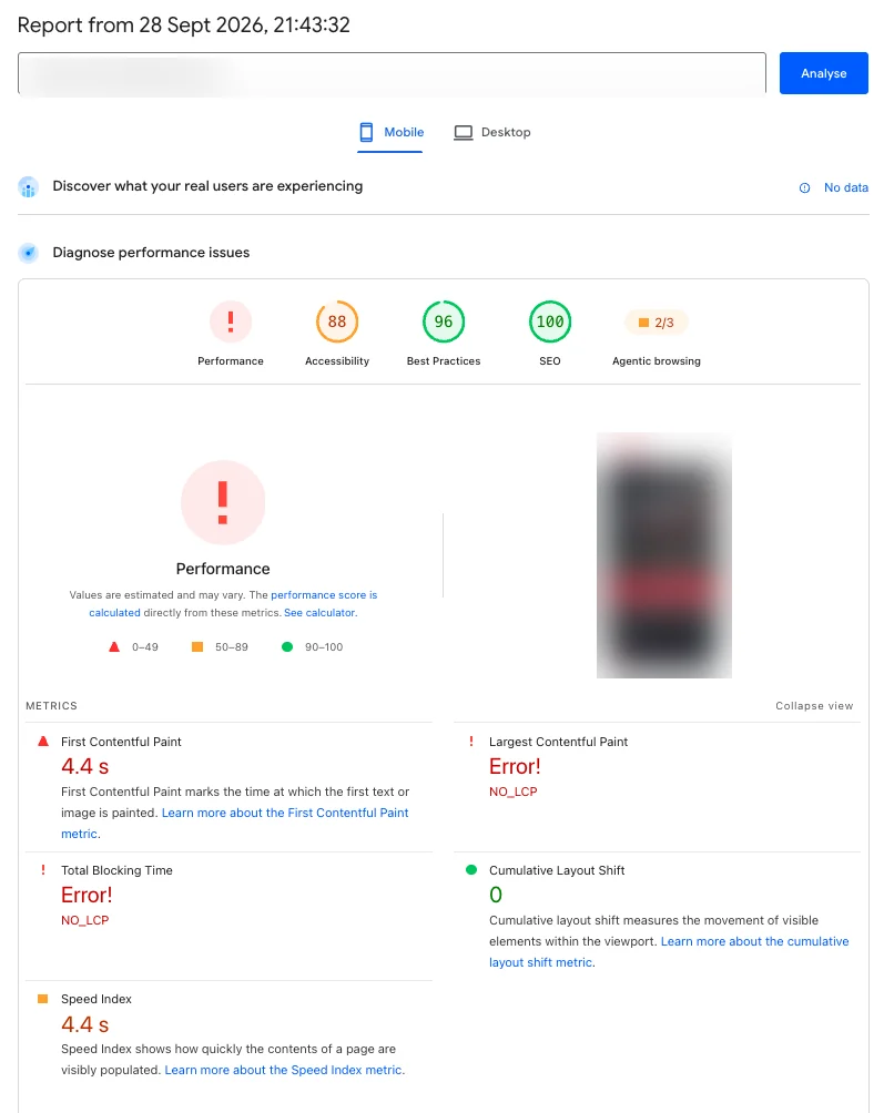 PageSpeed Insights report before page speed optimisation Google PageSpeed Insights mobile report before optimisation, showing a failing performance score, a 4.4 second First Contentful Paint, a 4.4 second Speed Index and Largest Contentful Paint and Total Blocking Time errors